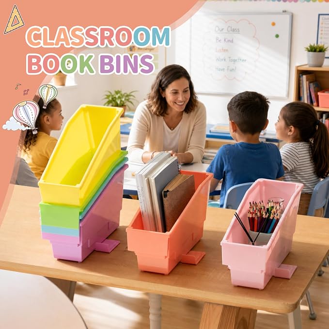 Geetery 12 Pack Non-Tip Book Bins with Stabilizer Wings Multicolor Plastic Storage Organizers Color Code Organization for Home Office Desktop Library Shelves Document Magazine File Holder (Pastel) - Image 4