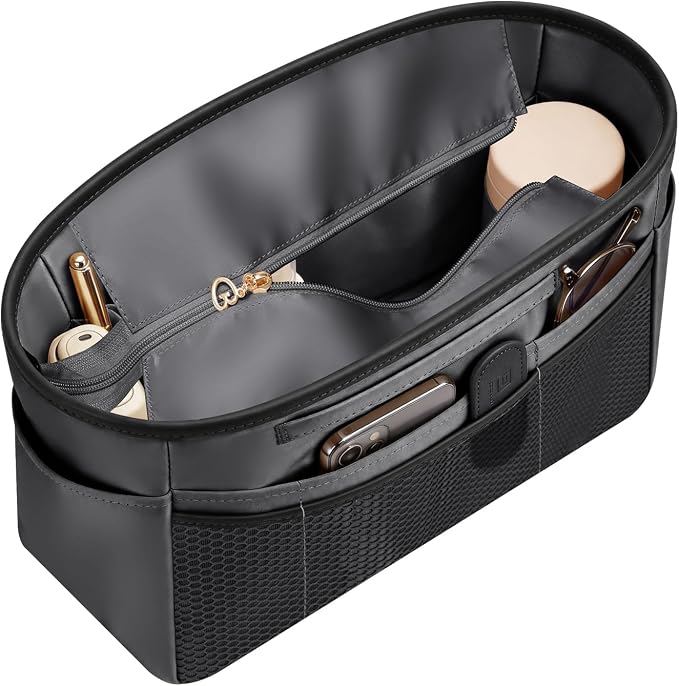 GIVLEFLY Purse Organizer Insert for Tote Bag, 14.5 Inch Satin Bag Organizer with Zipper Pocket, Multi Pocket Handbag Organizer by GIVLEFLY