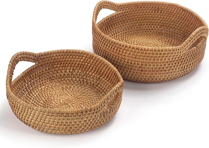 Rattan Storage Basket, Hand Woven Fruit Basket with Handles, Wicker Serving Basket, Bread Basket, Decorative Baskets for Organizing, Set of 2 - Image 2