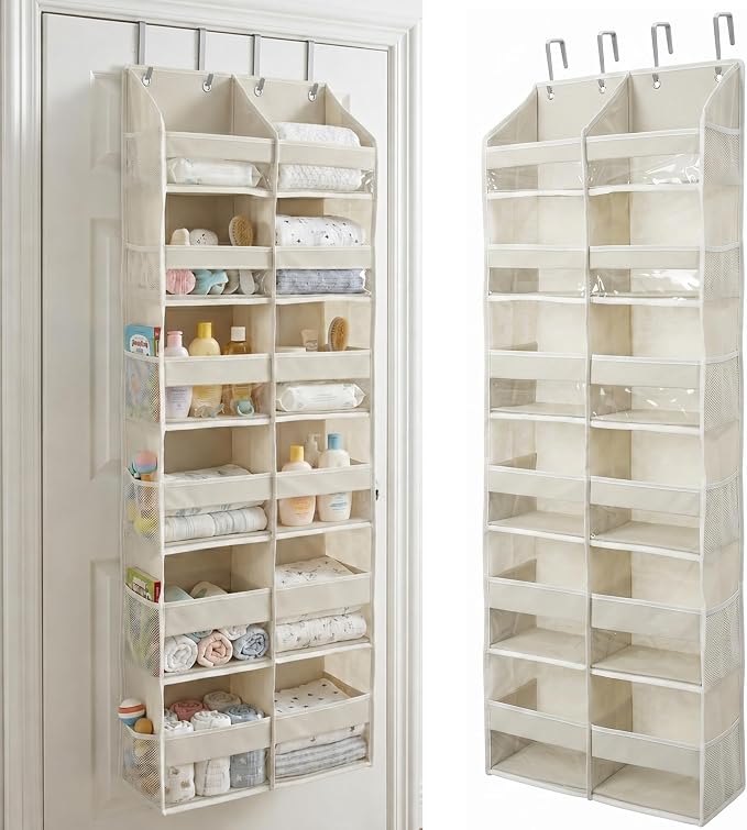 Over the Door Organizer, 6-Tier XL, 100D Fabric, Ivory | Extra wide over the door organizer, 65 lb capacity, 12 side mesh pockets, heavy-duty 100D fabric, bedroom & nursery storage by HomeluxTheory