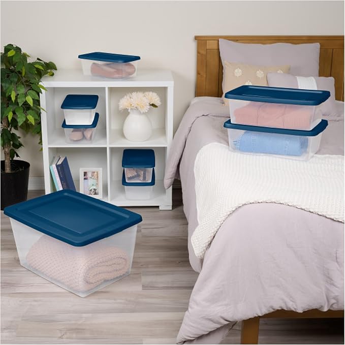 Sterilite Stackable 6 Quart Clear Home Storage Box with Handles and Blue Lid for Efficient, Space Saving Household Storage and Organization, 5 Pack - Image 4