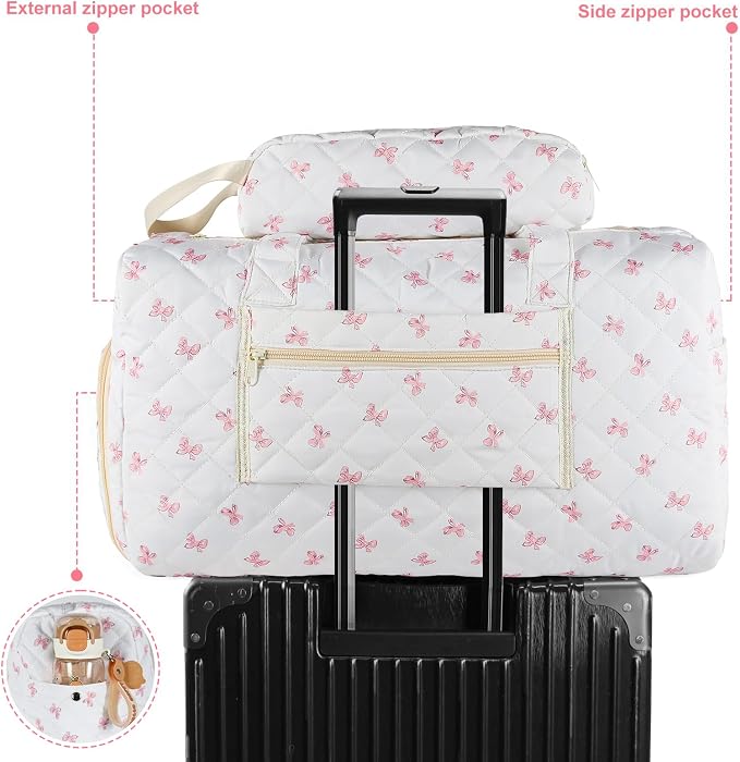 Pink Bow Quilted Duffel Bag 2 Pack Weekender with Shoe Compartment | Women's Overnight Hospital Bag for Labor Delivery, Carry-On Travel Duffel with Toiletry Pouch for Gym & Getaway - Image 4