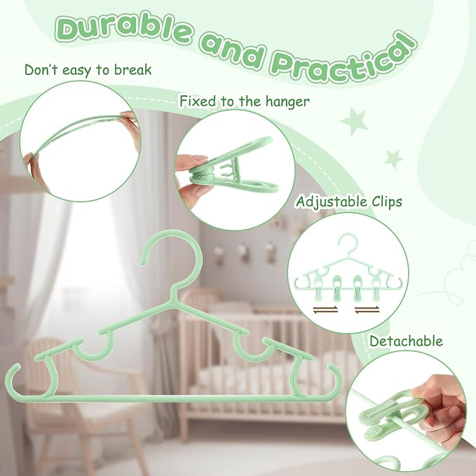 Hsei Baby Hanger with Clip for Pant,120 Packs Total,Mint Green,10.6 Inch | 40 Kids Plastic Hanger with 80 Clips for Newborn, Nursery, Daycare, Preschool, Closet, Wardrobe Organizer for Baby Shower - Image 3