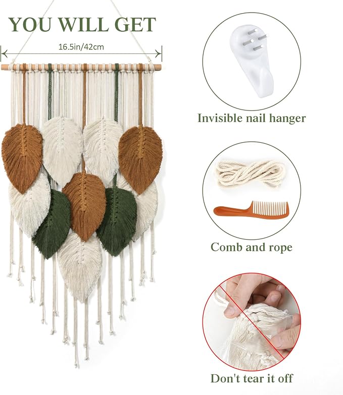 Macrame Wall Hanging Leaves Woven Tapestry Boho Chic Modern Home Decoration | KHOYIME Bohemian Handmade Leaf Feather Wall Art Decor for Apartment Dorm Living Room Bedroom Nursery Backdrop 16.5"W x 29.5"L - Image 2