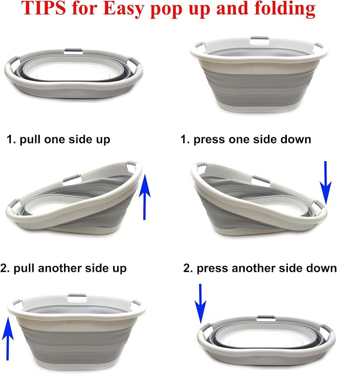 SAMMART 57L (15 Gallons) Collapsible 3-Handled Plastic Laundry Basket - Oval Tub - Portable Washing Tub-Space Saving Laundry Hamper, Water Capacity 44L / 11.6 Gallon (1, Grey) - Image 8