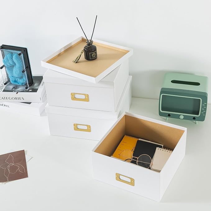 Soul & Lane - White and Gold Decorative Storage Boxes with Lids, Set of 3 | Square Stacking Kraft Memory Photo Storage with Label Holders, Nesting Cardboard Paper Bins for Office and Shelves - Image 7