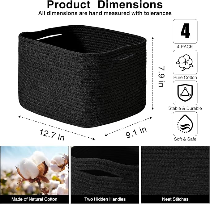 Small Storage Baskets for Organizing Shelves, Cotton Rope Basket for Storage, Cute Rectangular Book Toy Bins, 12.7"×9.1"×7.9", 4 Packs, Black - Image 2