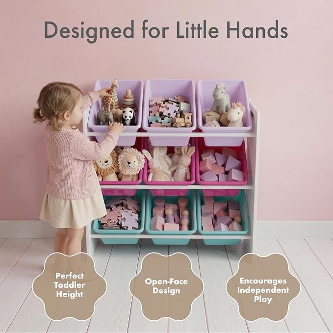 Humble Crew Kids Toy Organizer with 9 Bins, 3 Tier Storage for Playroom | Sturdy wood and steel toddler shelf, removable BPA-free containers, wall anchor anti-tip safety kit for bedroom or classroom - Image 3