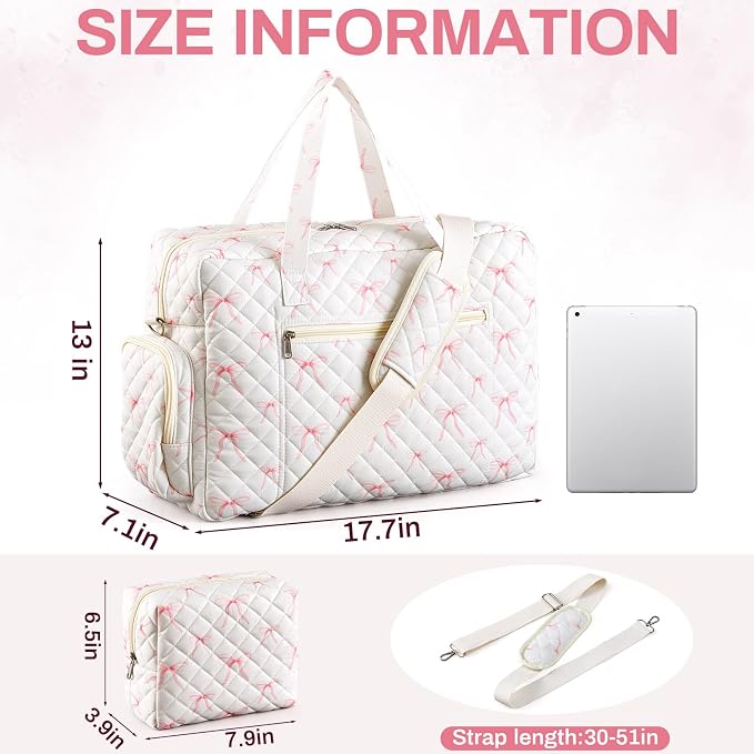 Abbylike Hospital Bag for Women, Quilted Weekender Duffle Bag,Bow - Image 2