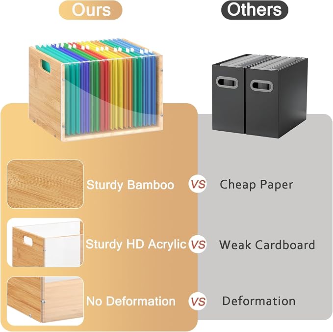 Sbanmao Clear Acrylic File Box Organizer, Bamboo Hanging Folder Storage Boxes, Filing Crate Bin Holder with Handle for Home Office Desk, Letter Size - Image 3