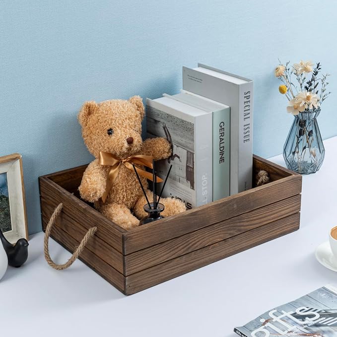 MyGift 15 Inch Rustic Wood Storage Box, Farmhouse Crate with Handles | Open-top design stores small blankets, toys, books, décor, and household essentials while rope handles allow easy carrying - Image 3