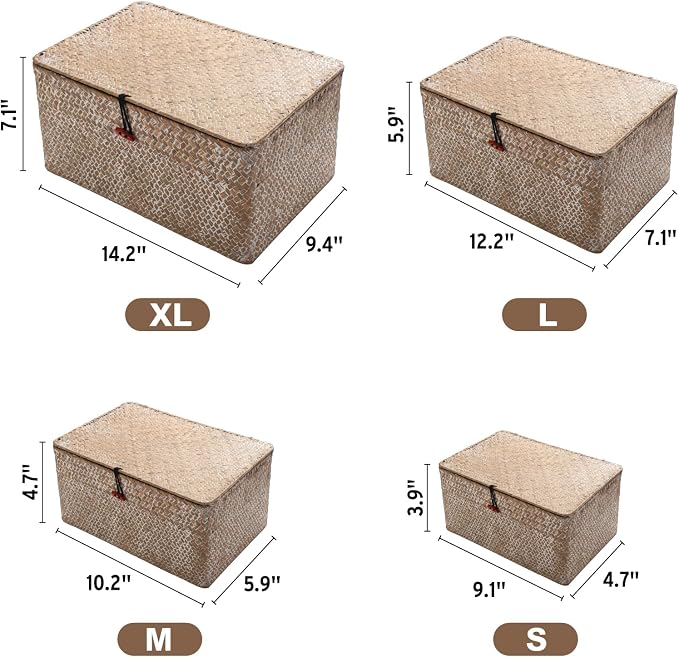 4 Pack, Wicker Baskets with Lids, Natural Seagrass Storage Baskets, Woven Rectangular Basket Bins, Rattan Storage Organizer for Shelf (Whitewashed, Set of 4) - Image 7