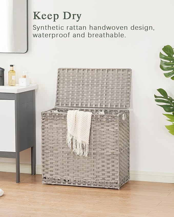 SETVSON Laundry Hamper with Lid Laundry Basket 132 L PE Rattan, Gray | 35 Gal PE Rattan Hamper with Lid, 4 Removable Washable Liners, 6 Mesh Laundry Bags, Steel Frame, Side Handles - Image 2