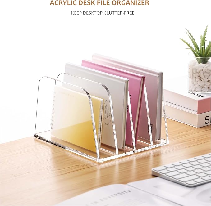 YUXUN Desk File Organizer Upright Clear Acrylic Desktop Organizer File Sorter Office Organization File Holder 4-Section Bookshelf for Home, Office & Classroom - Image 4