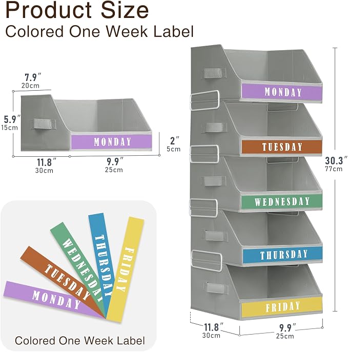 Closet Organizers and Storage - 5 Tier Shelf Organizer with Weekly Labels, Stackable Storage Bins with Metal Frame, Foldable Cube Bins, Home Baskets for Kids and Adults, Grey - Image 3