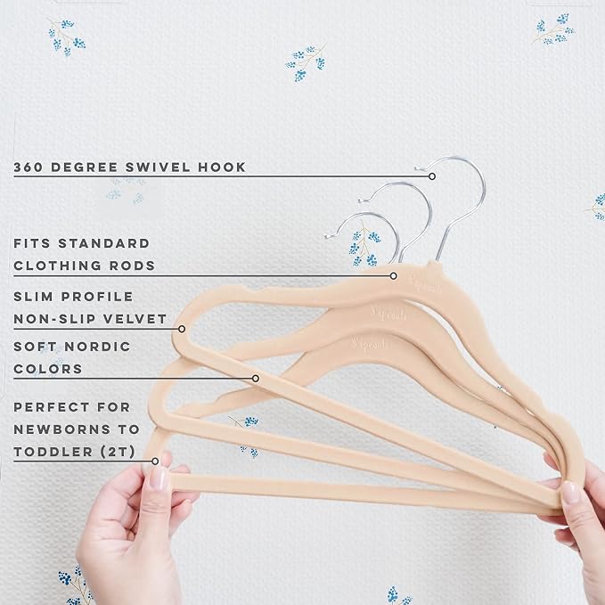 3 Sprouts Velvet Baby Hangers, Non Slip Slim, Hazelnut, 30 Pack | Non-slip velvet, Notched shoulders, 360-degree swivel hook, 11.75 x 8 in, Infant and toddler clothes, Soft colors for nursery - Image 3