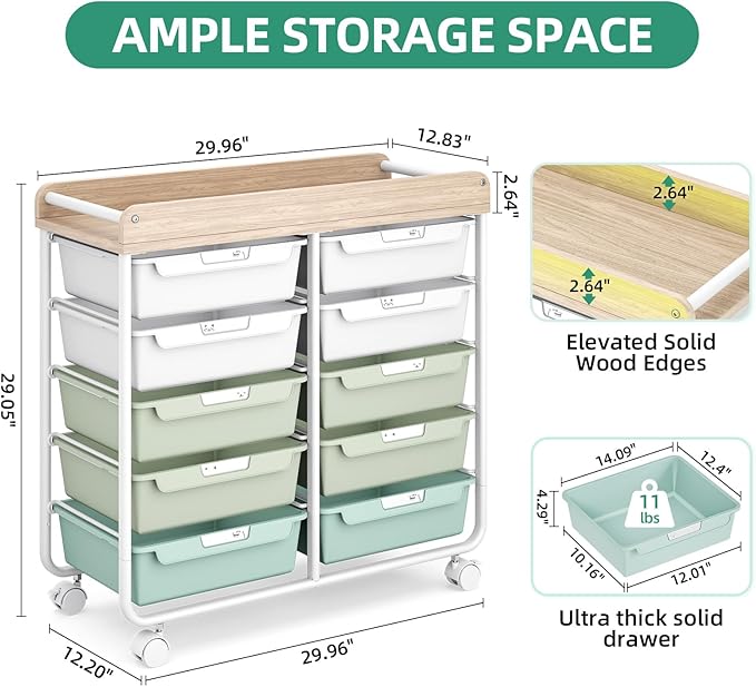 10 Drawer Rolling Storage Cart with Wood Top for Classroom Crafts Green | Easy Setup, Large Capacity, Sturdy Build, Lockable Mobility, For office, classroom and home supplies - Image 3
