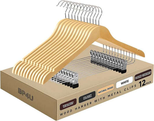 Wooden Hangers with Adjustable Metal Clips, 12-Pack, Natural | Solid Wood Hangers with 360° Rotatable Hook for Skirt, Dress, Coats, Jacket and Pants, Space-Saving and Non-Slip Design by BP4U%E2%84%A2