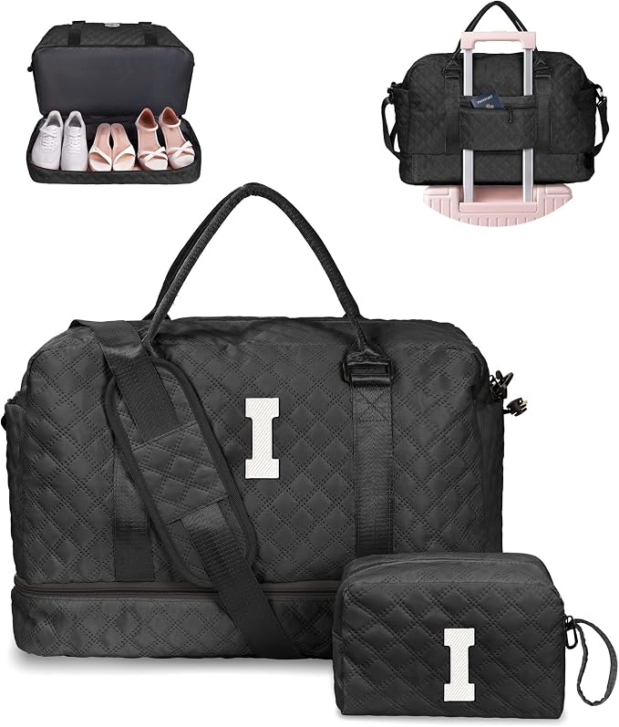 Gifts for Friends-Initial Duffle Bags with Shoe Compartment | Personalized Weekender Bags, Monogram Overnight Bag, Travel Bag with Makeup bag，Birthday Gifts Bag for Daughter (Letter I) by Vogewood