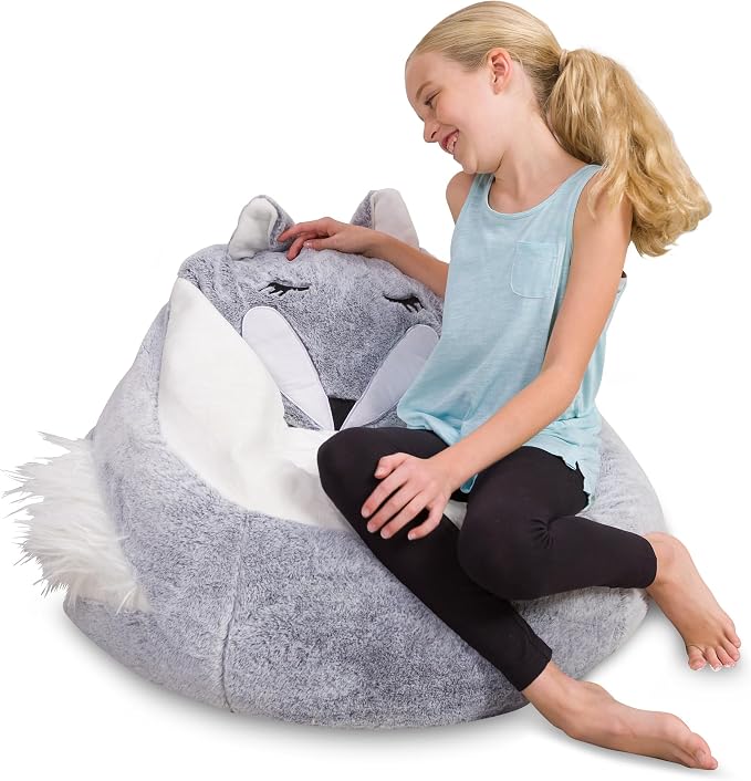 Posh Creations Cute Soft and Comfy Bean Bag Chair for Kids, Large, Animal - Silver Fox by PoshCreations