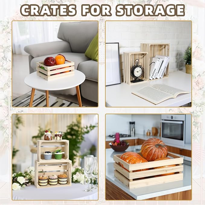 5-Piece Rustic Wooden Crates Unfinished Set, Wall Mountable Slatted Storage Crates with Handles, Farmhouse Wooden Crates for Display & Organizer for Home Decor - Image 6
