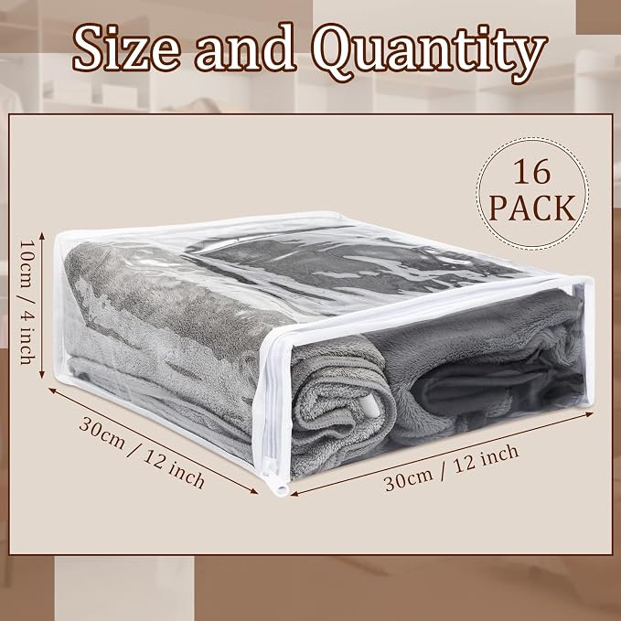Kingdder 16 Pcs Clear Zippered Storage Bags Plastic Sweater Bag with Zipper | 12 x 12 x 4 Inch Vinyl Sheet Organizer and Storage for Clothing Blankets Sheet Linen Bed Pillow Cube Organizer - Image 2