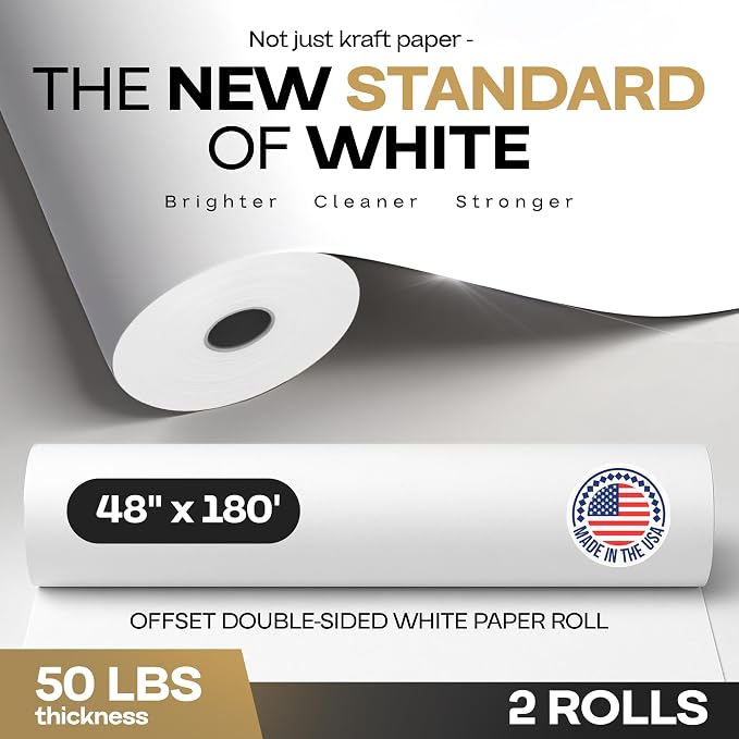 Extra White Offset Kraft Paper Roll 48" x 2160" (180 ft), 2-Pack – USA-Made 50lb Premium Eco Paper, Brighter-Than-Standard White – Ideal for Arts & Crafts, School Projects, Wrapping by IDL Packaging - Image 2