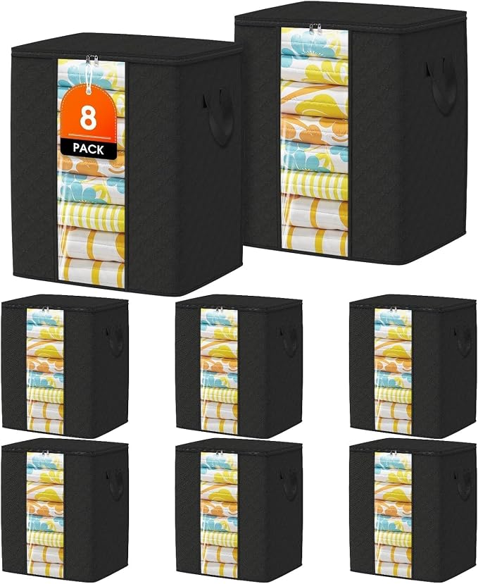 SpaceTrove Clothes Storage Bags, 8-Pack Comforter Blanket Organizers, 80L Large Capacity Containers with Visual Window for Clothing, Quilt, Sheet, Pillow, Closet Organization for Bedding (Black) by Unknown