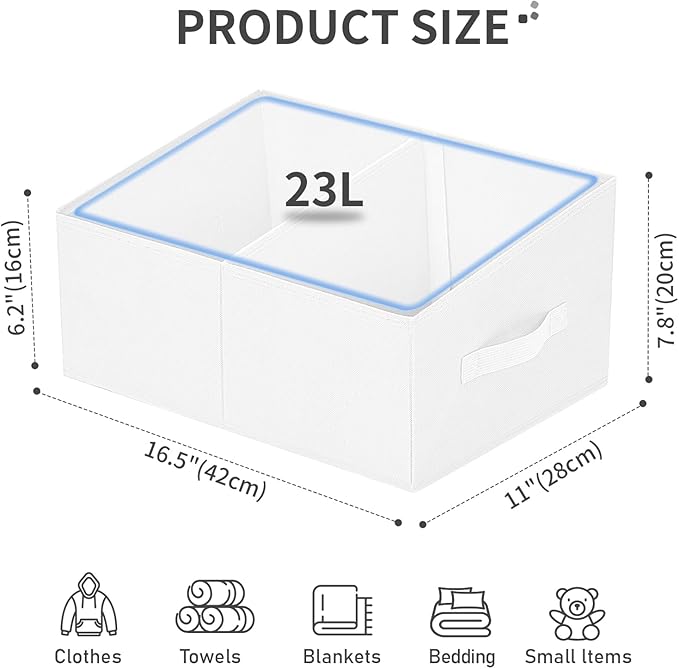 DIMJ Large Closet Shelf Organizer Bins 8 Packs with Handles and Divider, Fabric Trapezoid Storage Baskets, Foldable Clothes Containers Box for Shelf, Towel, Book, Toy, Purse, Hats, White - Image 2