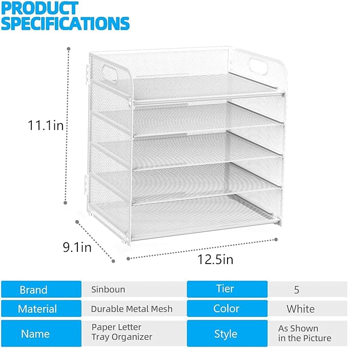 Letter Tray Paper Organizer 5-Tier Desk Organizer File Organizer Paper Holder with Handle, Metal Desktop Document Shelf Tray Office Classroom Organization - White - Image 2