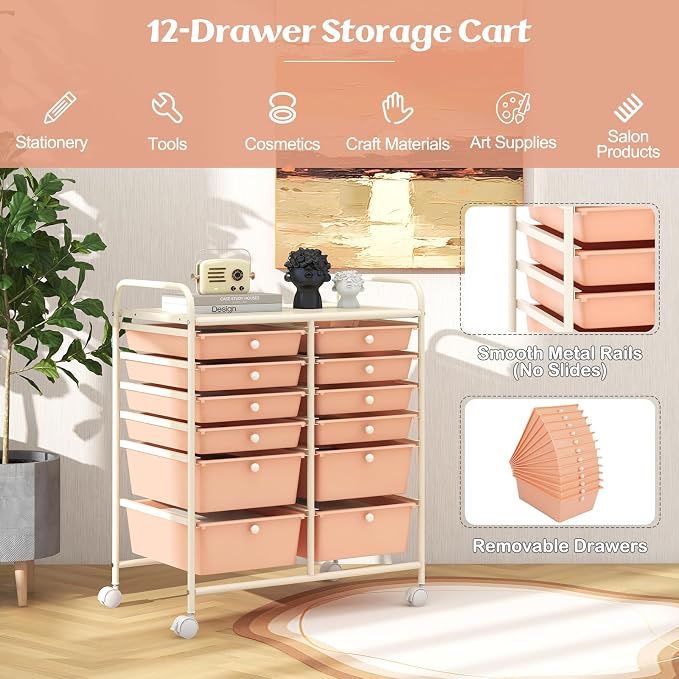 12 Drawer Rolling Storage Cart, Craft Cart Organizer on Wheels w/Metal Frame, Large Capacity & Smooth Drawer, Rolling Cart w/Drawers for Classroom, Office - Image 4