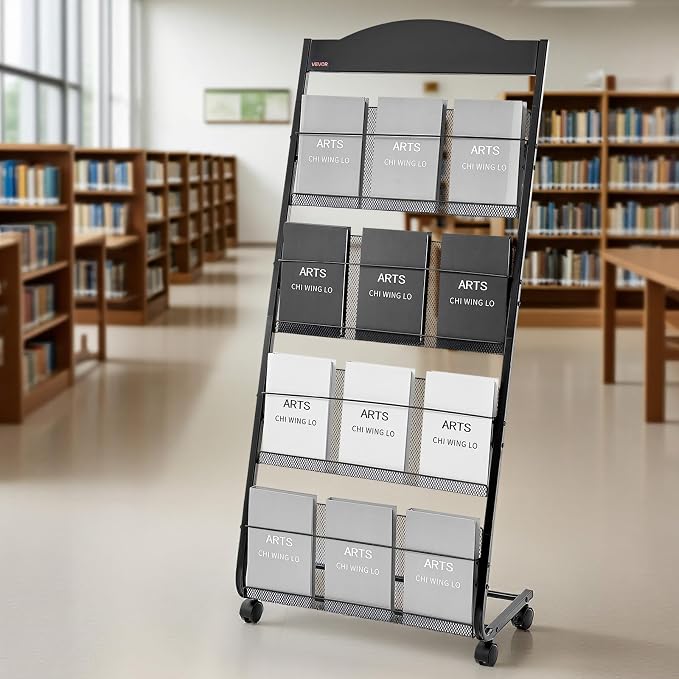 VEVOR Brochure Display Rack, 4-Tier Magazine Literature Display Stand with Wheels, Movable Floor Standing Magazine Rack, Heavy Duty Newspaper Catalog Holders for Shop Exhibitions Office Craft Fairs - Image 8