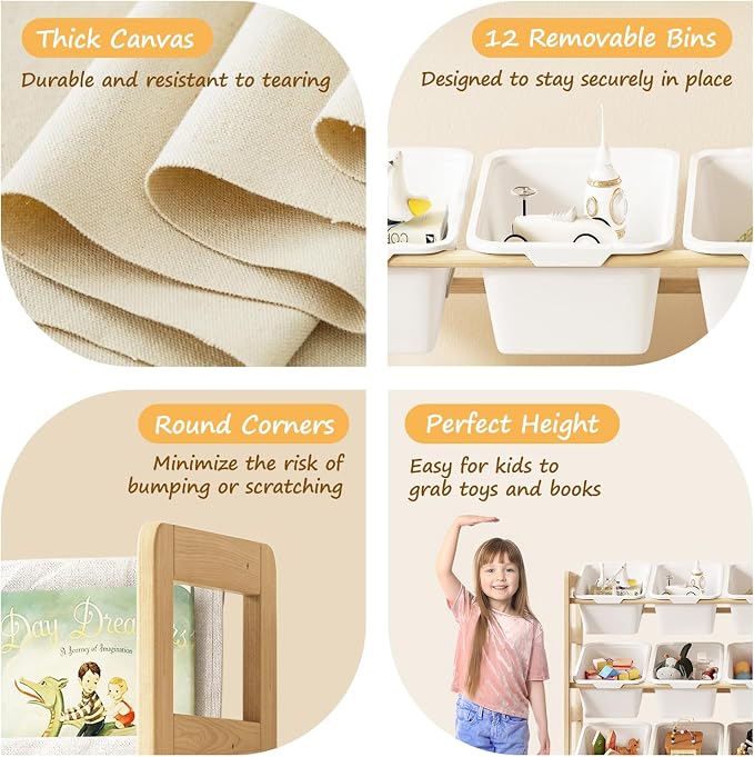 EXPERLAM Toy Storage Organizer with Bookshelf, Kids Toy Organizer and Storage Shelf with 12 White Bins, Solid Pine Wood Book Rack for Playroom, Nursery, Kids Room, Toys and Books - Image 5