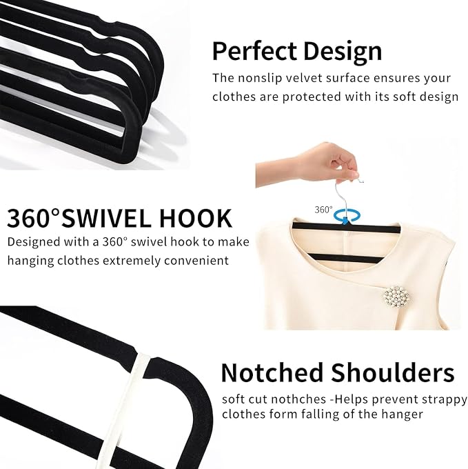 20 Pack Velvet Pants Hangers for Closet Space Saving, Thin Hanger (Black) | 35cm(L) Heavy Duty Flocked Trouser Hangers, Durable, Clothes Hanger with Silver Swivel Hook, Jean Hangers for Women and Men - Image 2