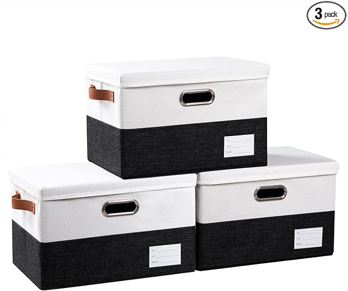Foldable Storage Bins with Lids [3-Pack] Fabric Collapsible Storage Boxes Baskets Cubes Containers with Handles for Closet Living Room Bedroom (Black & White 14.9x9.8x9.8'') by Prandom