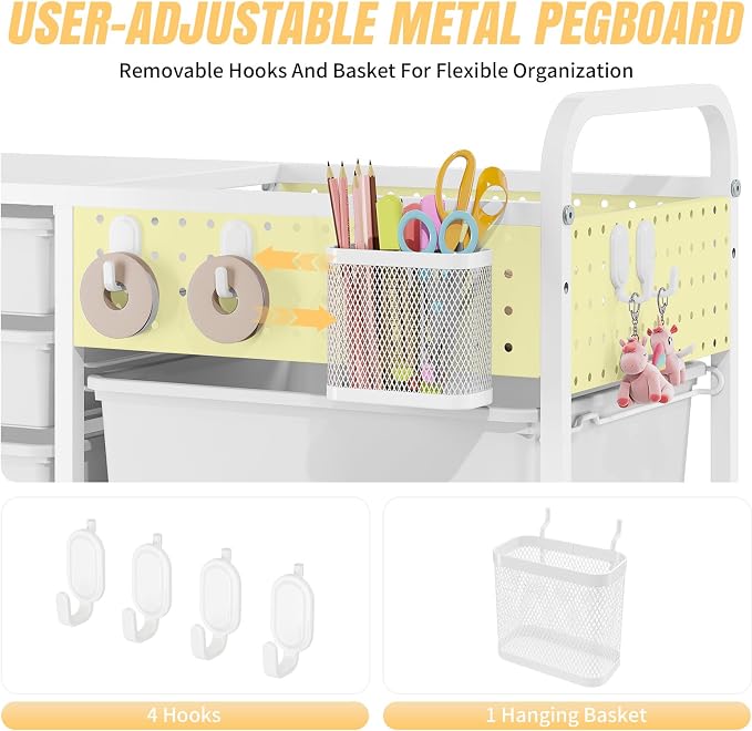14 Drawer Rolling Storage Cart with Tabletop and Pegboard for Crafts White | Easy Setup, Large Capacity, Sturdy Build, Smooth Mobility, For classroom, office and dorm supplies - Image 5