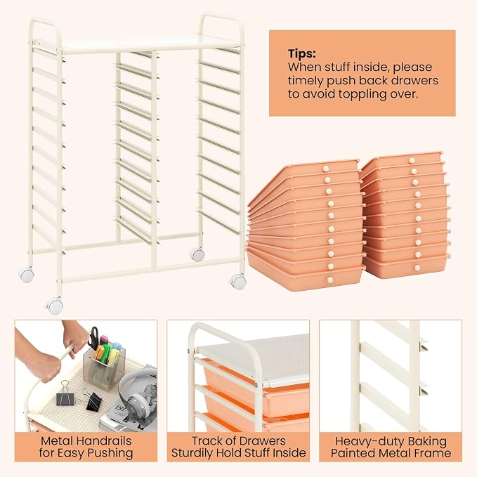 RELAX4LIFE 20-Drawer Rolling Storage Cart - Mobile Rolling Cart w/Drawers for School Classroom Teacher Office Home Salon, Paper File Art Supply Craft Organizer, Utility Cart on Wheels (Pink) - Image 6