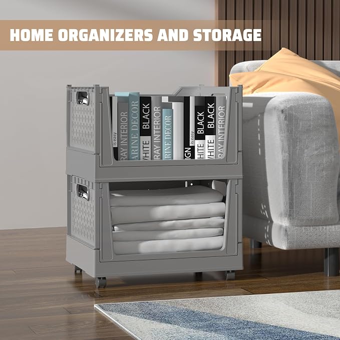 Stackable Plastic Storage Bins, 3 Pack Foldable Closet Organizers and Storage Basket with Wheels, Collapsible Drawer Shelf Storage Box Container for Office Bedroom Closet Wardrobe Kitchen Bathroom - Image 3