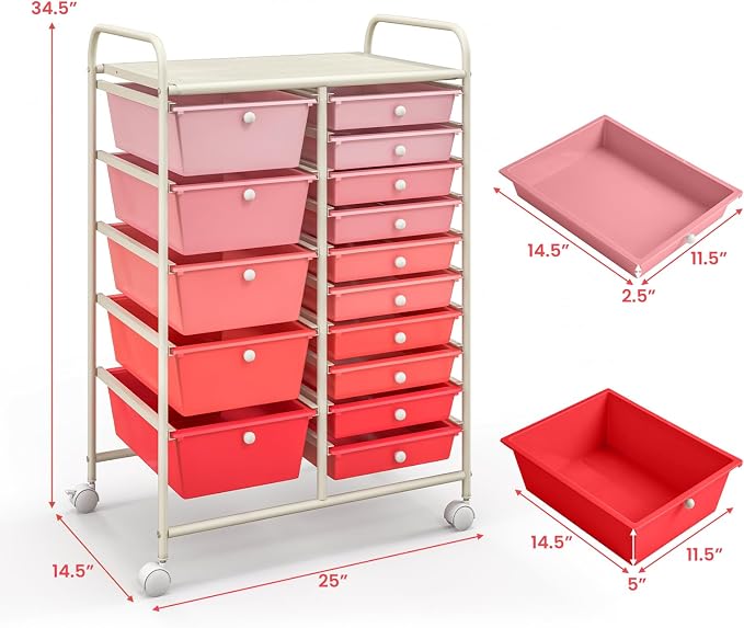 Giantex 15 Drawers Rolling Cart, Classroom Organizers, Storage Cart with Wheels, for Teacher Office Home School Supplies Tool Craft Art Paper - Image 3