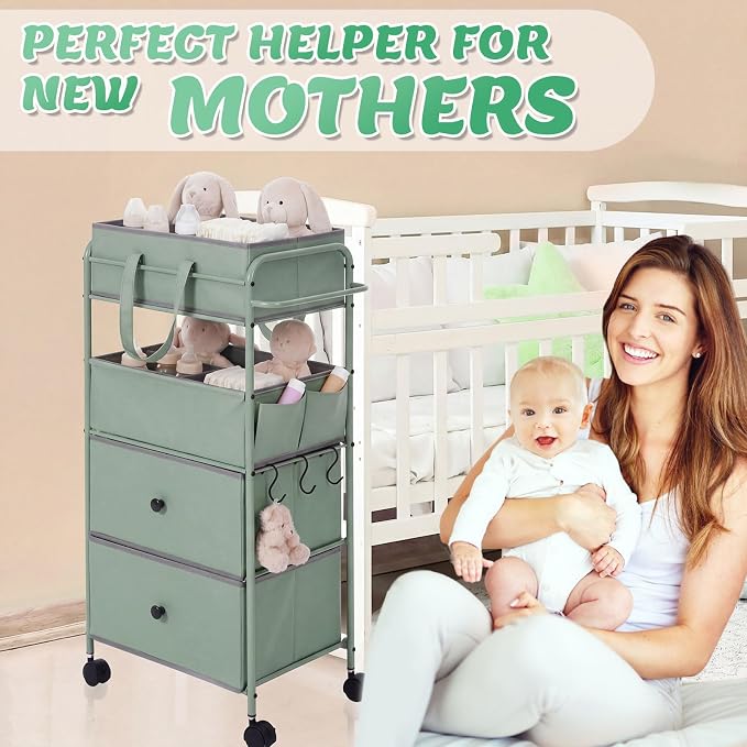 FoldTier 3In1 Baby Diaper Caddy Organizer Cart 4 Tier Large Capacity Metal Utility Bedside Rolling Cart with Divider Newborn Registry Nursery Essential Must Have Bedroom Gift Baby Shower (Green) - Image 5