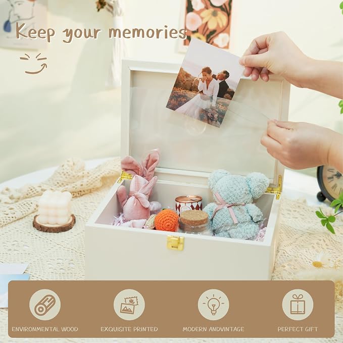 Larger Wooden Memory Keepsake Boxes With Hinged Lids and a photo frame inside the lid - Decorative Storage Box With a Hinge Lids For Picture Letter Time Capsule - 5.3“*8.6”*11.7“ off-white - Image 2