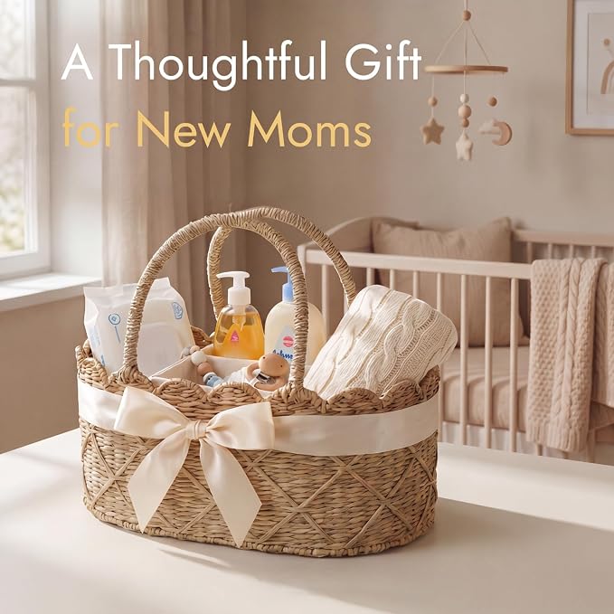 YANGQIHOME Diaper Caddy Organizer, Seagrass Nursery Baby Basket for Baby Essentials, Scalloped Wicker Diaper Caddy, Baby Shower Gifts (Diamond) - Image 9