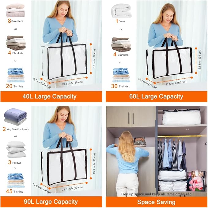 3 Pack 40L/60L/90L Clear Clothes Storage Bags with Zipper | Plastic Storage Bag, Foldable Closet Organizer, For Comforter Blanket Bedding Duvet Toys, Moving Bags - Image 2