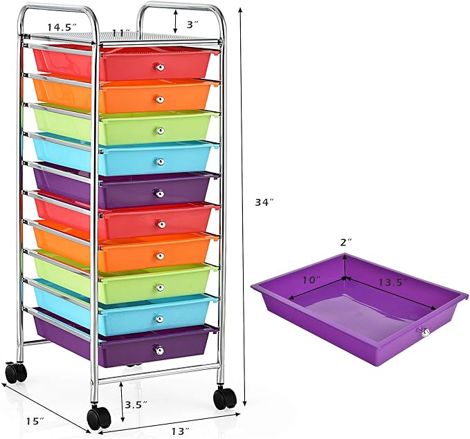 GOFLAME 10-Drawer Rolling Storage Drawer Cart, Utility Cart with Removable Drawers & Metal Frame, Mobile Art Craft Drawer Cart with Lockable Wheels for Home, Office, Studio, School, Multicolor - Image 3
