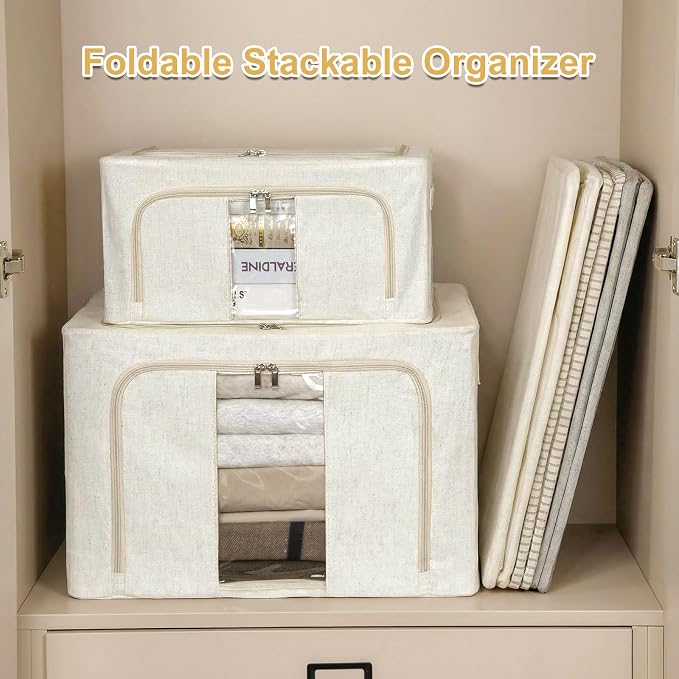3 Pack Clothes Storage Bins with Metal Frame,Foldable Storage Bin with Lid for Clothes,Stackable Cotton Linen Fabric Organizer Set with Carrying Handles and Clear Window(Beige, 24L) - Image 8