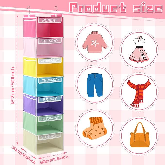 2 Pcs 7 Shelf Weekly Clothes Organizer for Kids Hanging Closet Organizer 11. 8 x 11. 8 x 50 Inch Daily Activity Kids Clothes Storage Drawers Cube Drawers Closet Hanging Shelves (Pastel Color) - Image 2