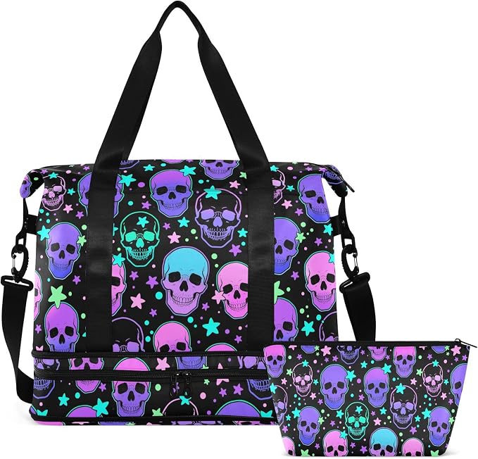 Travel Duffel Tote Bag Stars Purple Skulls Sports Duffel Bag with Wet Pocket Weekender Overnight Bag for Women Men Gym Bag, Carry On Bag Hospital Bag for Labor and Delivery - Image 8