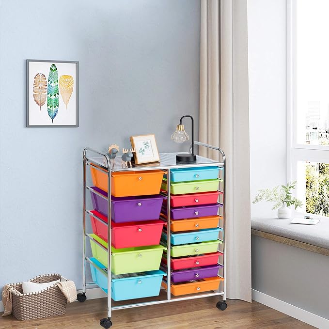 15 Drawer Rolling Storage Cart, Rolling Cart with Drawers for Classroom, Art Supply Craft Organizer on Wheel with Metal Frame & Handles for Home Office School - Image 2
