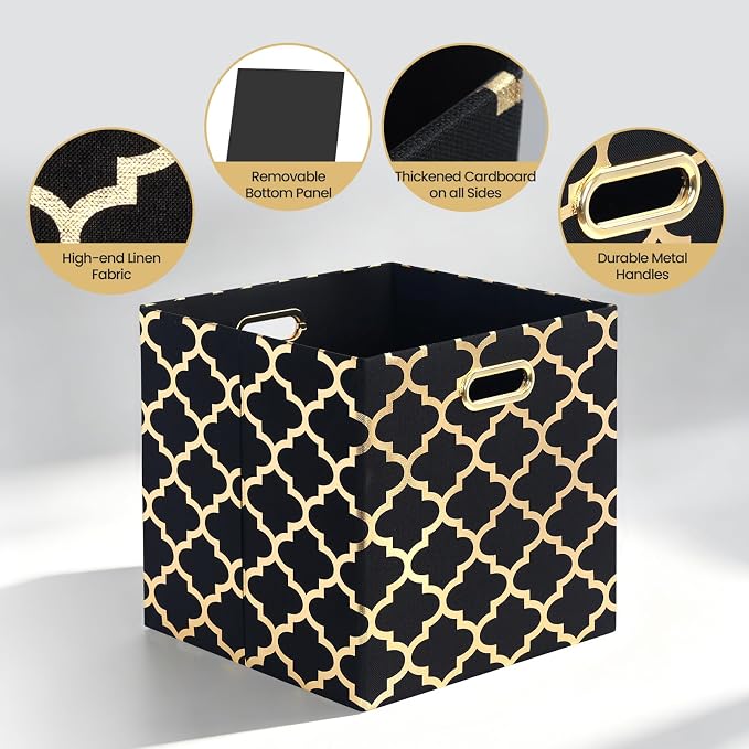 Posprica 13x13x13 Storage Cube Bins, Collapsible Storage Bins Fabric Storage Cubes Organizer Baskets Box Drawers for Shelves, Closet, Wardrobe, Bookshelf, Cabinet,(Set of 4, Black/Gold lantern) - Image 3