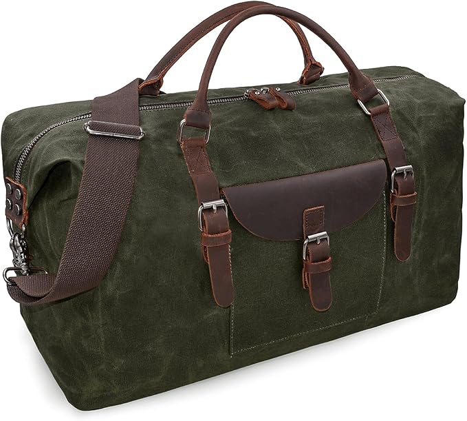 Oversized Travel Duffel Bag Waterproof Canvas Genuine Leather Weekend bag Weekender Overnight Carryon Hand Bag, Dark Green by NEWHEY